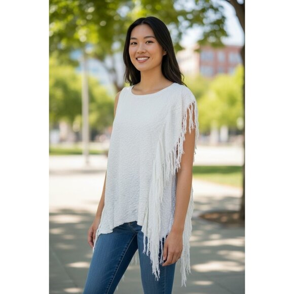 NEW Free People M Ivory Textured Fringe Knit Tank Top Sweater Boho Chic Design - Picture 1 of 15